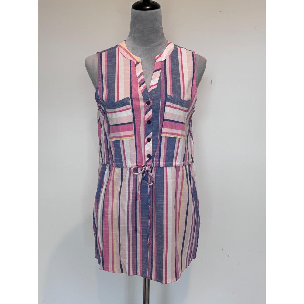 Lee Womens Medium Sleeveless Striped Tunic Top Pink Blue Drawstring Utility